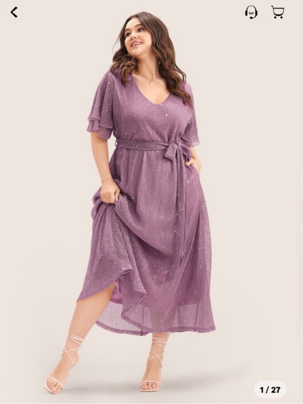 V-Neck Lavender Sparkle Midi Dress with Tie Waist